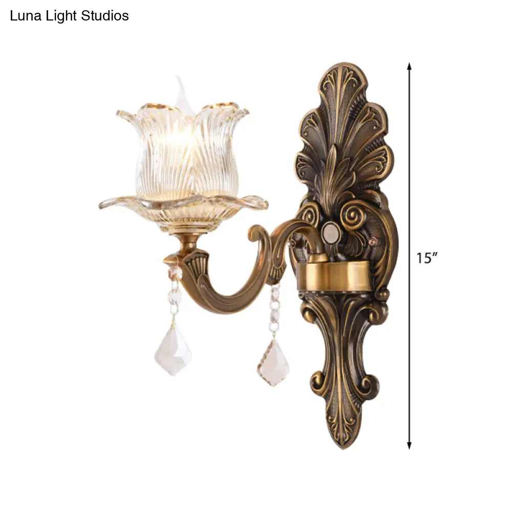 Vintage Brass Wall Sconce with Petal Textured Glass Shade for Living Rooms