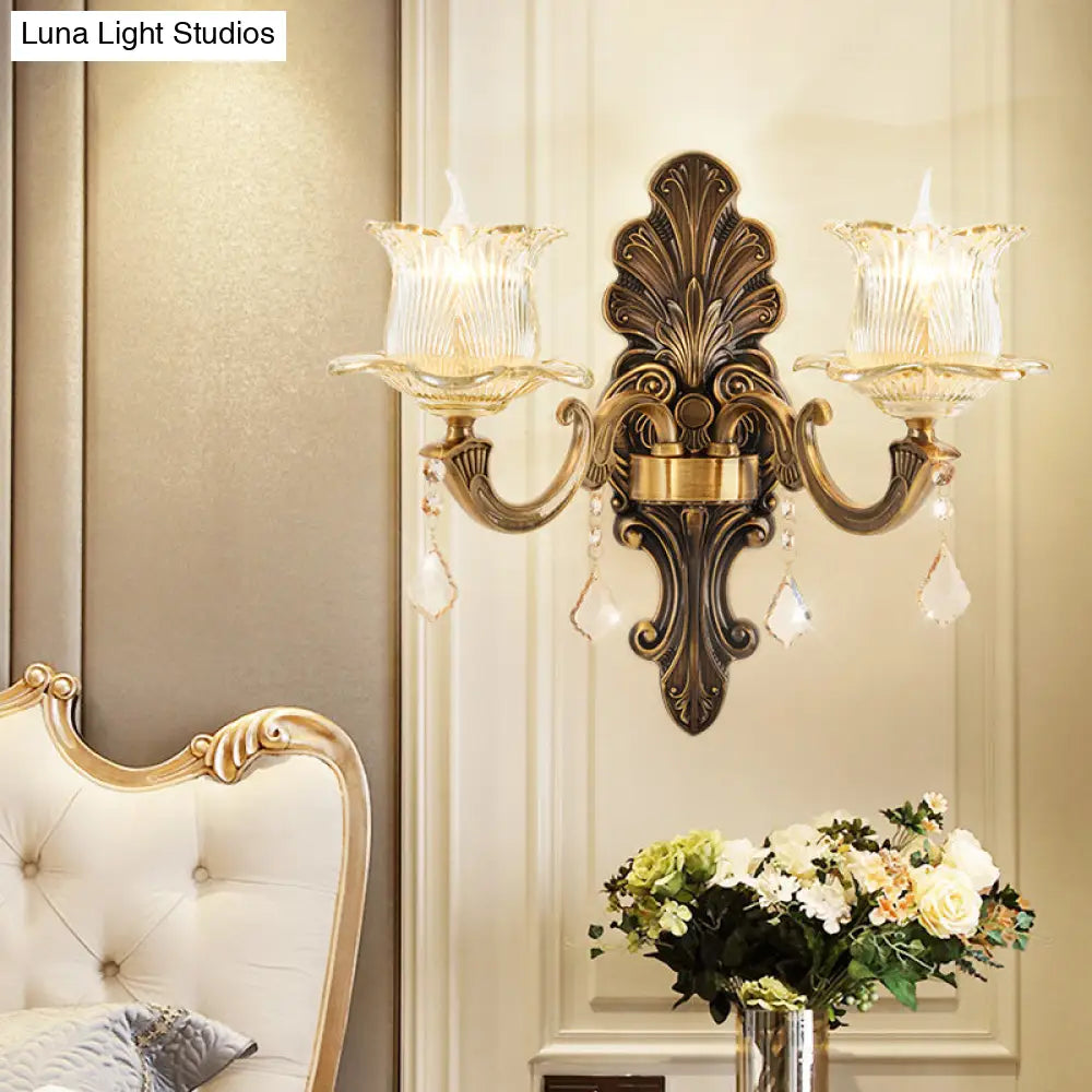 Vintage Brass Wall Sconce with Petal Textured Glass Shade for Living Rooms