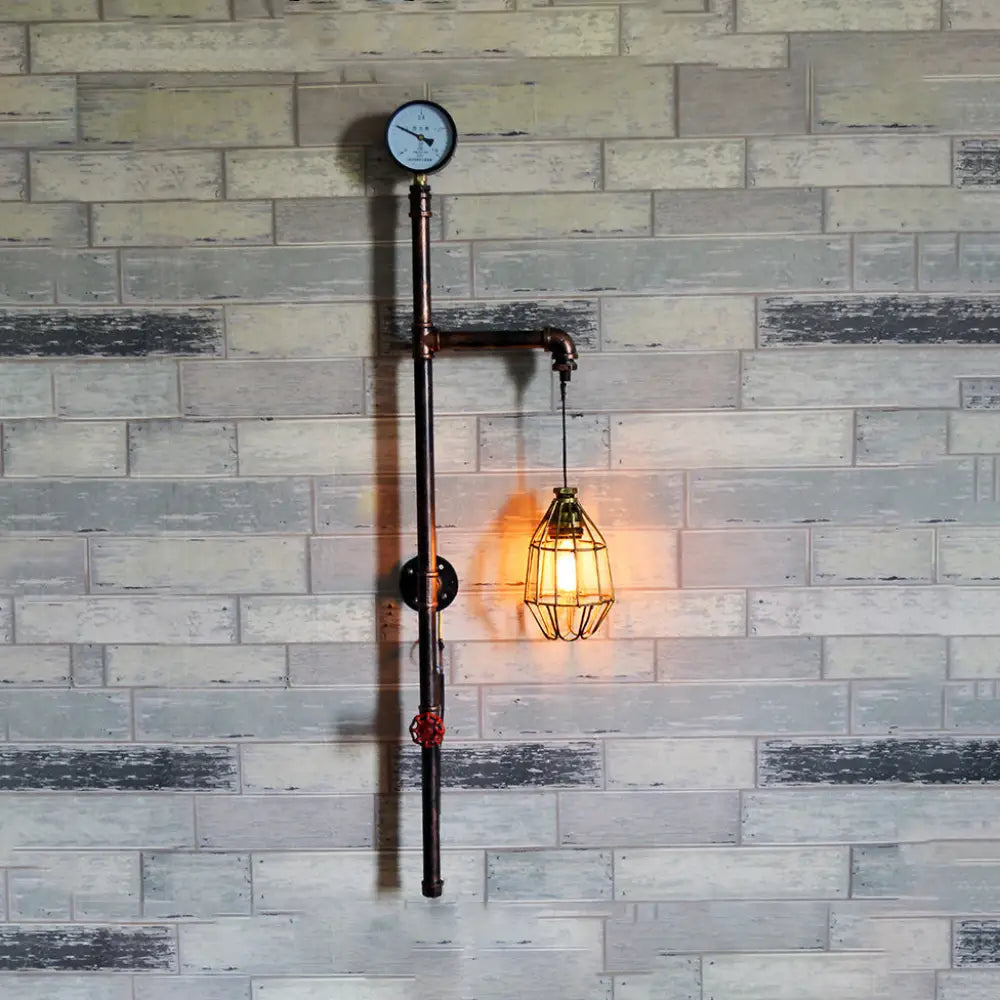Vintage Brass Wall Sconce with Wire Guard and Gauge - Industrial Restaurant Light