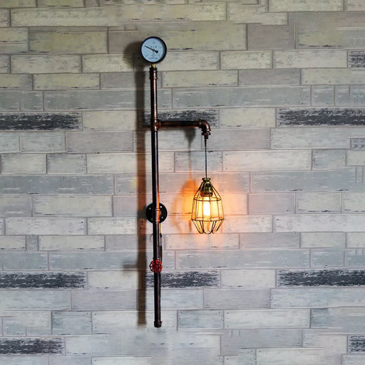 Vintage Brass Wall Sconce with Wire Guard and Gauge - Industrial Restaurant Light