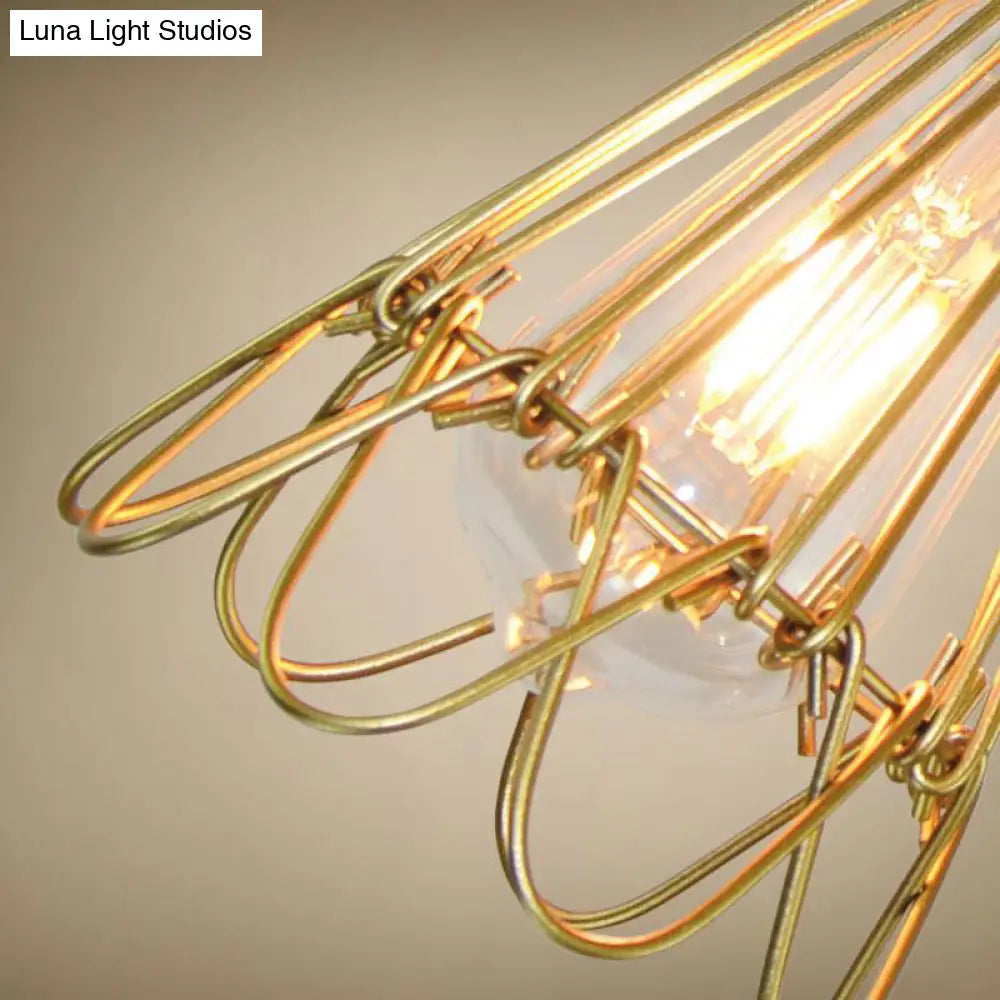 Vintage Brass Wire Frame Pendant Lamp w/ Ruffled Edge - Metallic 1-Light Hanging Light for Living Room