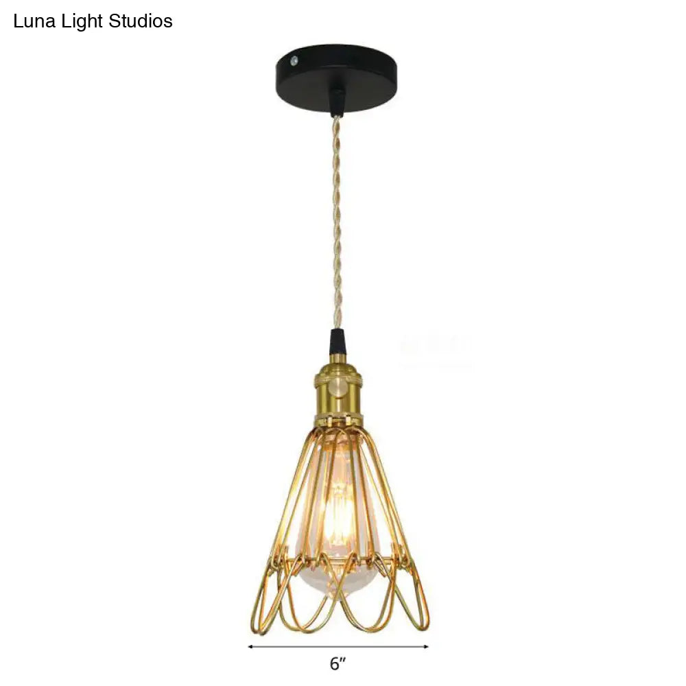 Vintage Brass Wire Frame Pendant Lamp w/ Ruffled Edge - Metallic 1-Light Hanging Light for Living Room