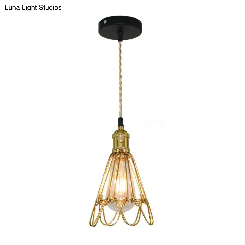 Vintage Brass Wire Frame Pendant Lamp w/ Ruffled Edge - Metallic 1-Light Hanging Light for Living Room