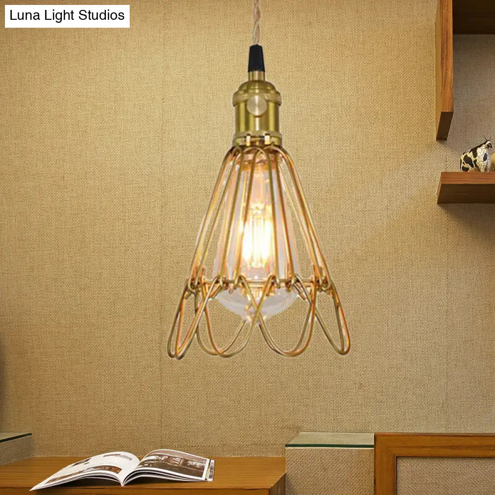 Vintage Brass Wire Frame Pendant Lamp w/ Ruffled Edge - Metallic 1-Light Hanging Light for Living Room