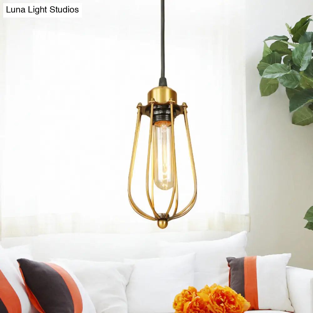 Vintage Brass Wire Guard Ceiling Light Pendant - Retro Metallic Design for Living Room