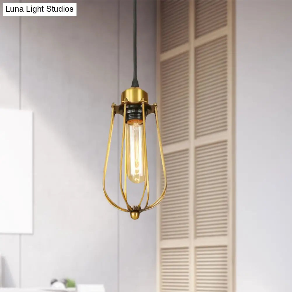 Vintage Brass Wire Guard Ceiling Light Pendant - Retro Metallic Design for Living Room