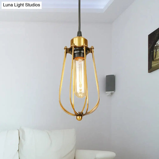 Vintage Brass Wire Guard Ceiling Light Pendant - Retro Metallic Design for Living Room