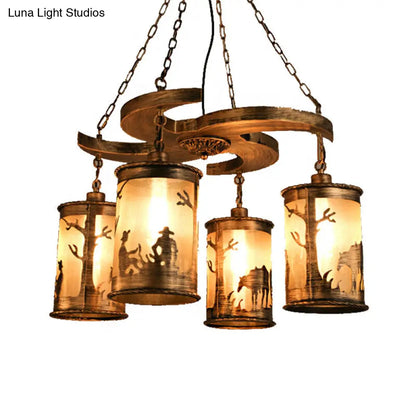 Vintage Bronze 4-Light Cylinder Chandelier: Metal Dining Room Hanging Lamp with Wooden Shelf and Fabric Shade