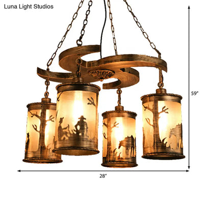 Vintage Bronze 4-Light Cylinder Chandelier: Metal Dining Room Hanging Lamp with Wooden Shelf and Fabric Shade