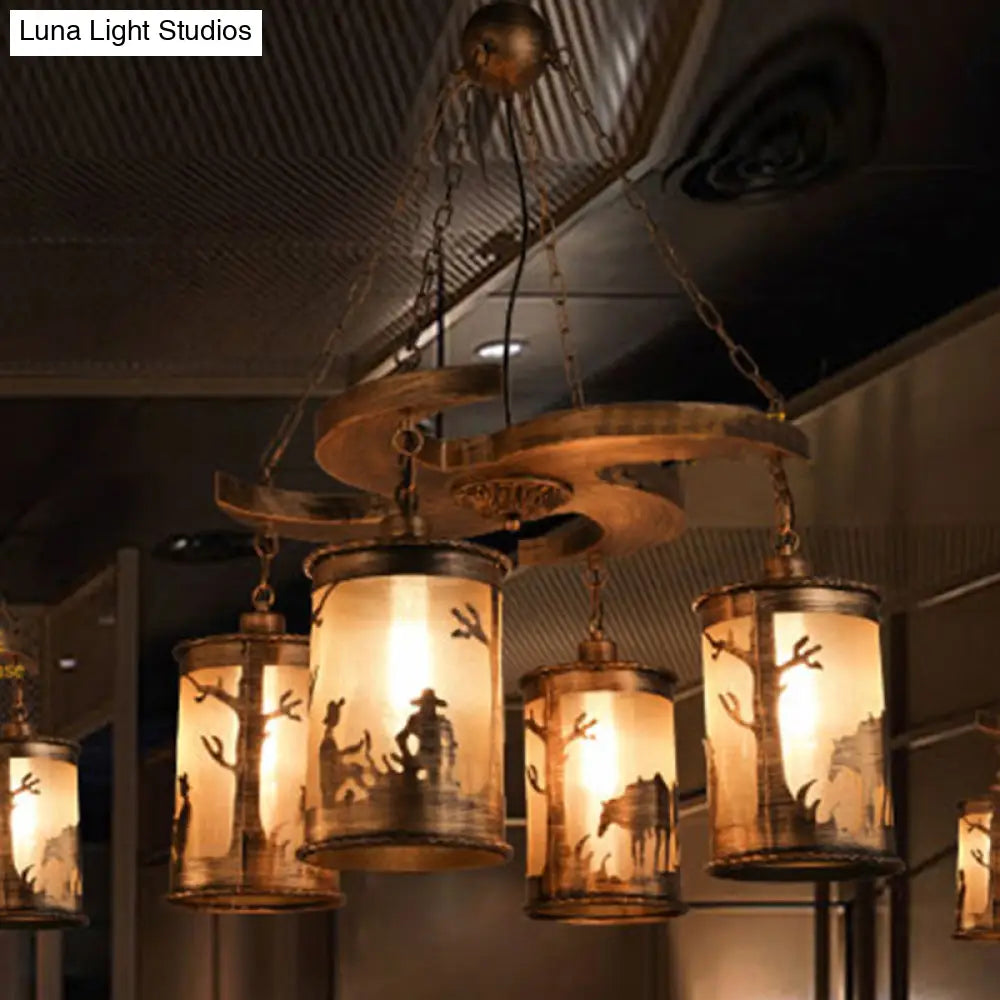 Vintage Bronze 4-Light Cylinder Chandelier: Metal Dining Room Hanging Lamp with Wooden Shelf and Fabric Shade