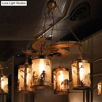 Vintage Bronze 4-Light Cylinder Chandelier: Metal Dining Room Hanging Lamp with Wooden Shelf and Fabric Shade