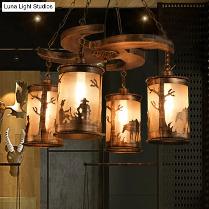 Vintage Bronze 4-Light Cylinder Chandelier: Metal Dining Room Hanging Lamp with Wooden Shelf and Fabric Shade