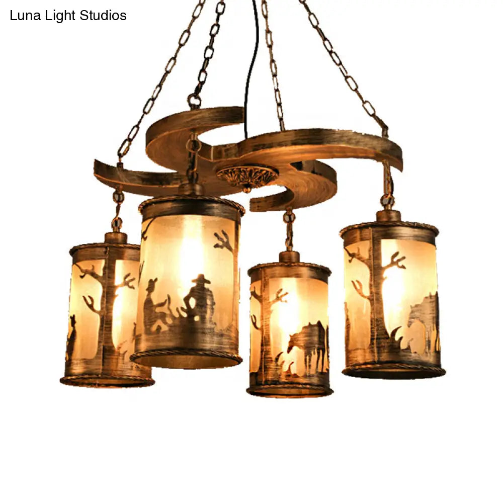 Vintage Bronze 4-Light Cylinder Chandelier: Metal Dining Room Hanging Lamp with Wooden Shelf and Fabric Shade