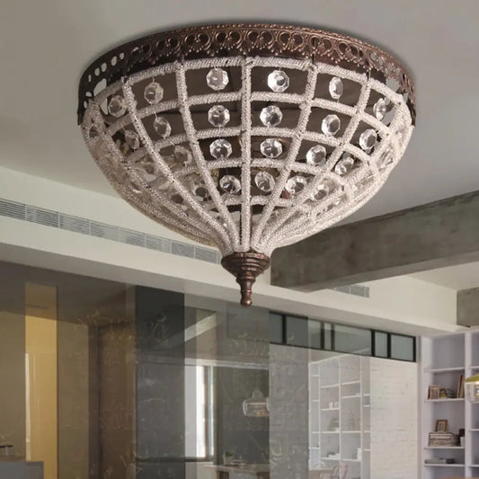 Vintage Bronze Bedroom Ceiling Light with Crystal Basket Shade - 2 Lights