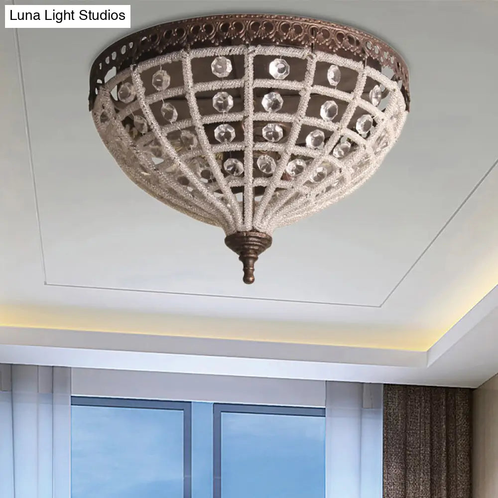 Vintage Bronze Bedroom Ceiling Light with Crystal Basket Shade - 2 Lights