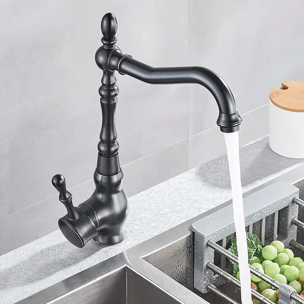 Black matte kitchen sink faucet with ornate vintage design and 360 rotate spout by decorbites bronze black