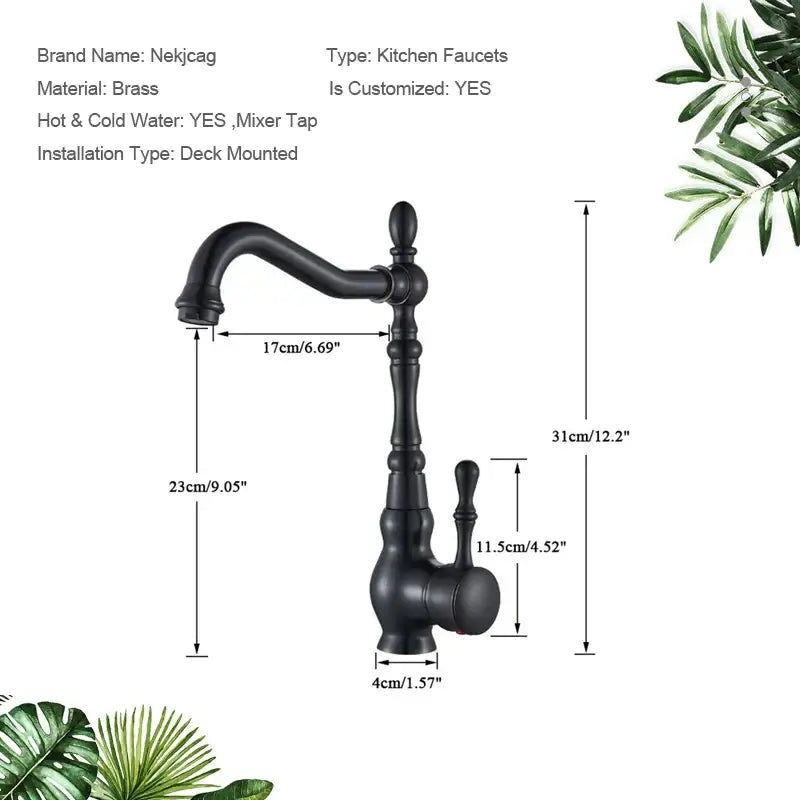 Black brass kitchen sink faucet with ornate vintage-inspired design and 360 rotate spout by decorbites bronze black