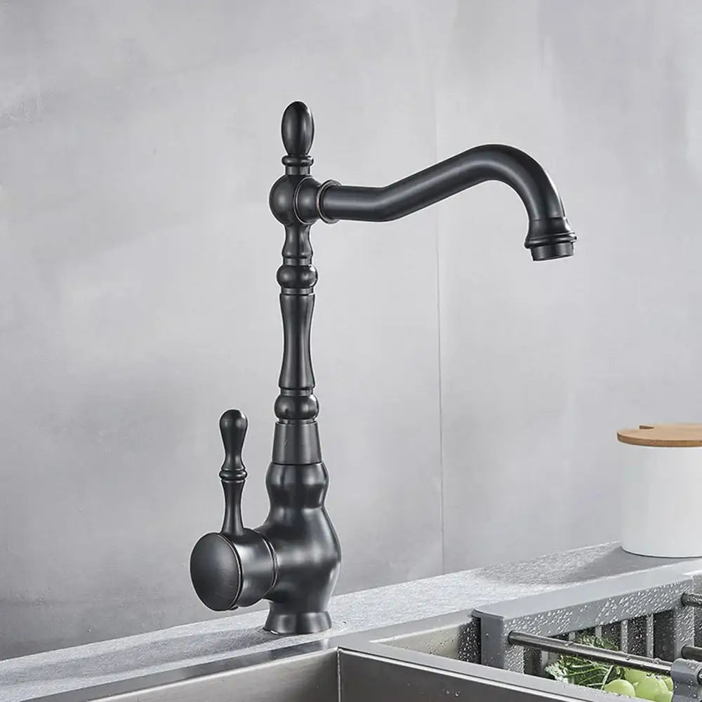Black matte-finished vintage bronze black kitchen sink faucet with ornate detailing and 360 rotate spout by decorbites