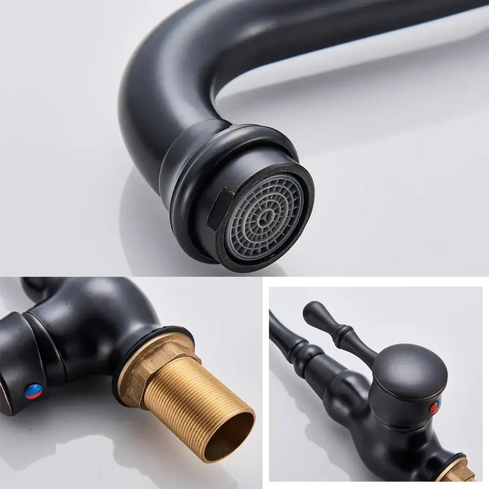 Black matte-finish kitchen sink faucet with brass accents and a curved 360 rotate spout decorbites bronze black design