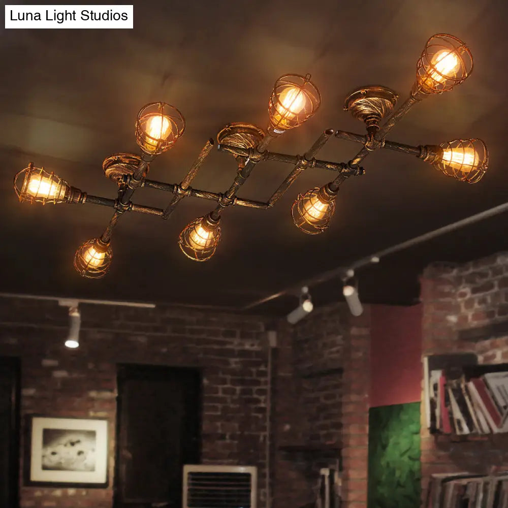 Vintage Bronze Coffee Shop Ceiling Light Fixture, Iron Twisted Pipe Semi Flush with Cage