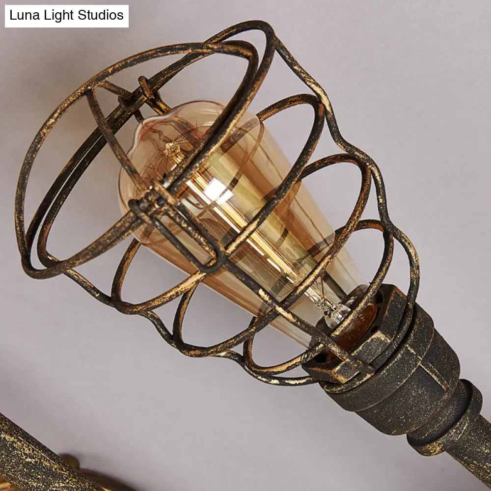 Vintage Bronze Coffee Shop Ceiling Light Fixture, Iron Twisted Pipe Semi Flush with Cage