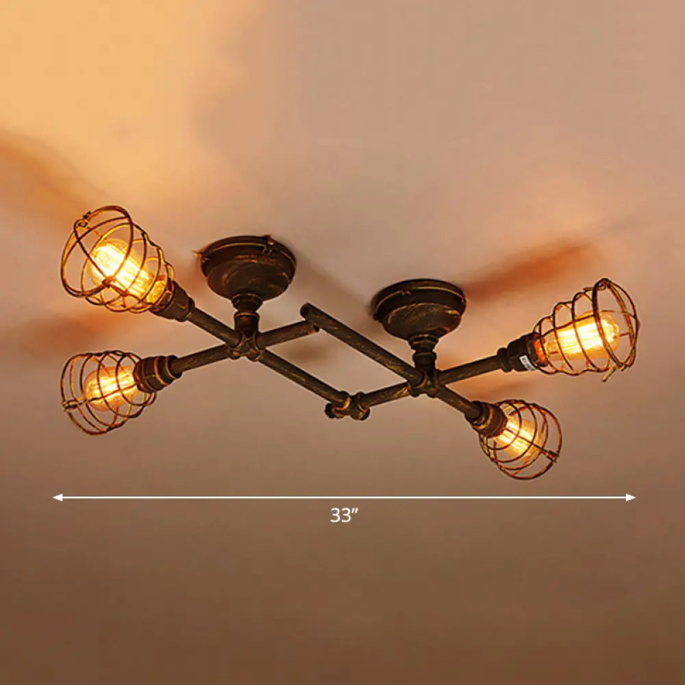Vintage Bronze Coffee Shop Ceiling Light Fixture, Iron Twisted Pipe Semi Flush with Cage
