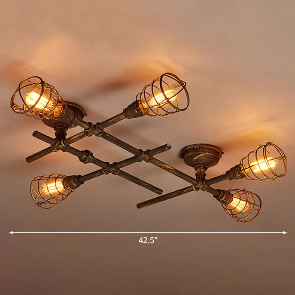 Vintage Bronze Coffee Shop Ceiling Light Fixture, Iron Twisted Pipe Semi Flush with Cage