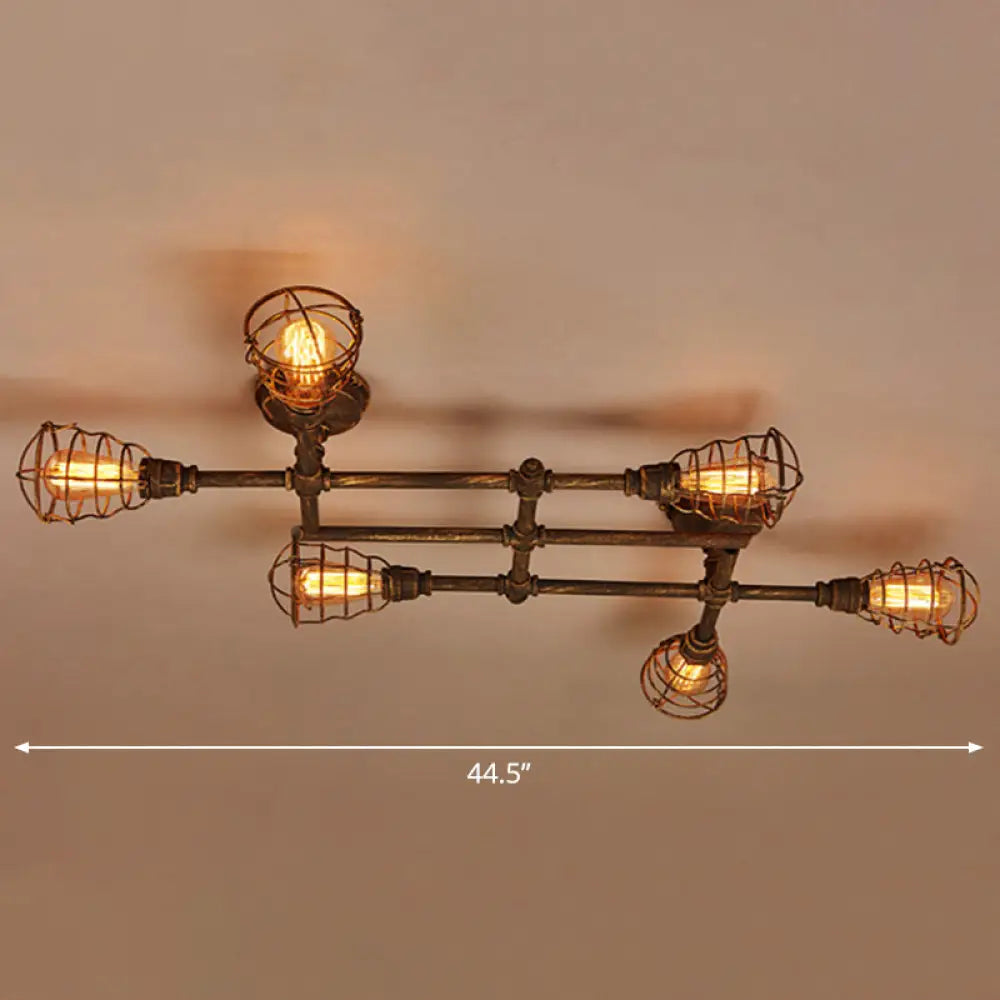 Vintage Bronze Coffee Shop Ceiling Light Fixture, Iron Twisted Pipe Semi Flush with Cage