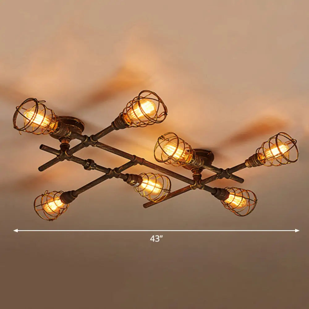Vintage Bronze Coffee Shop Ceiling Light Fixture, Iron Twisted Pipe Semi Flush with Cage