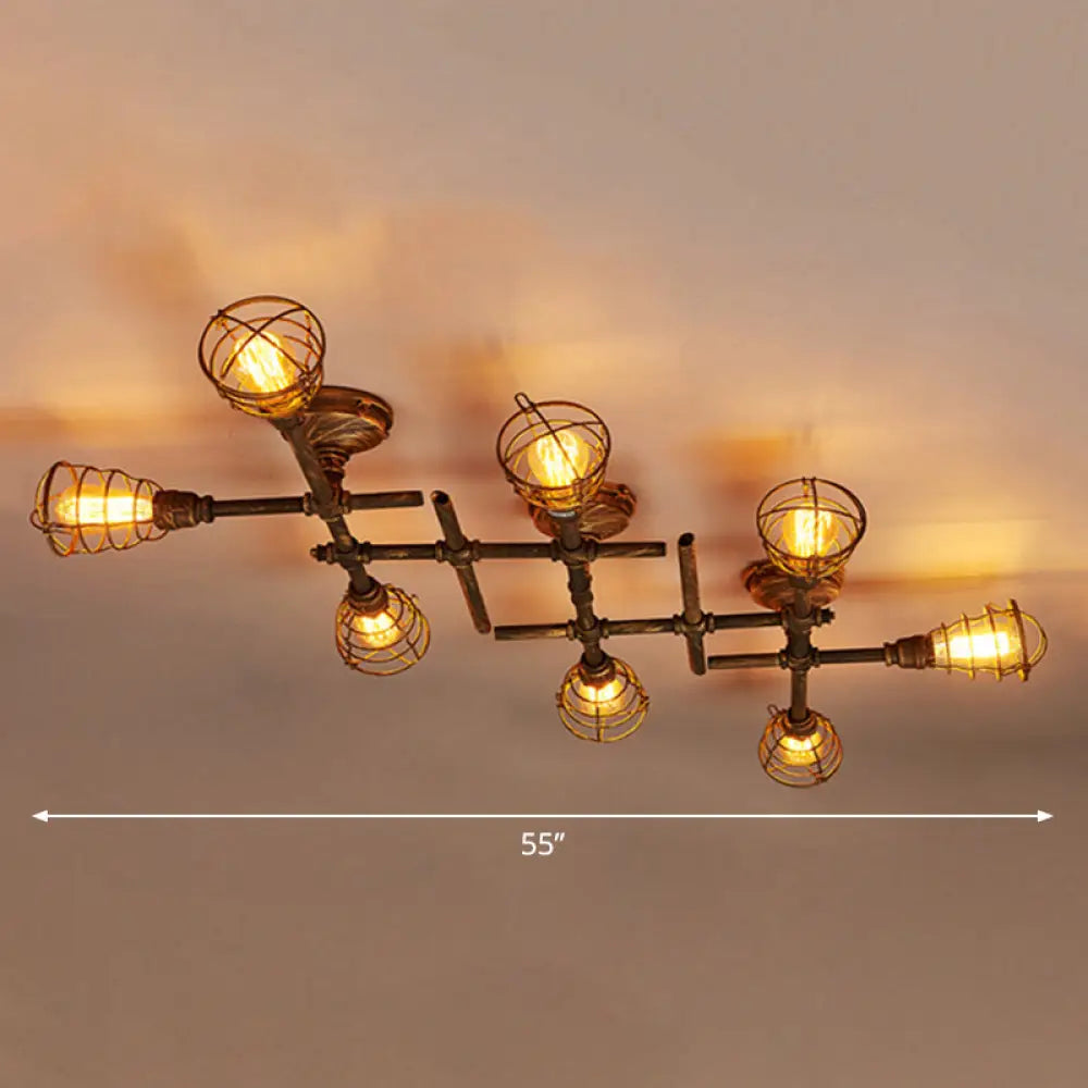 Vintage Bronze Coffee Shop Ceiling Light Fixture, Iron Twisted Pipe Semi Flush with Cage