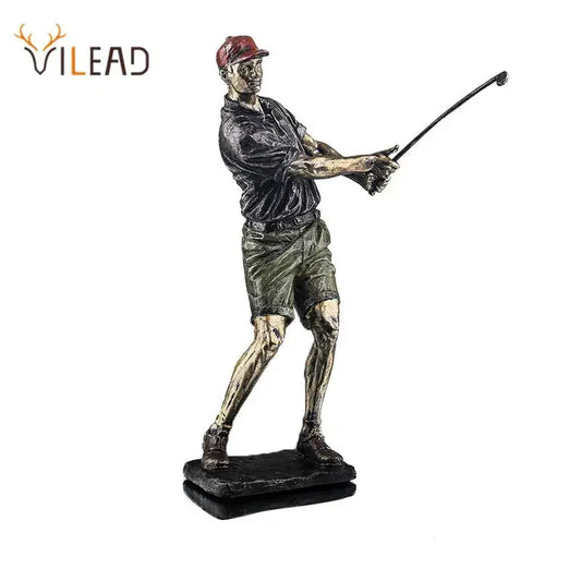 Bronze-colored decorbites golf figure wearing red cap and dark shirt standing on black base as vintage office statue