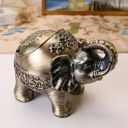 Vintage bronze decorbites elephant shaped windproof ashtray with intricate floral and scrollwork detailing for office decor