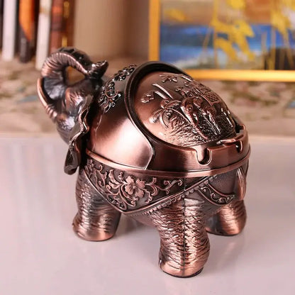 Vintage bronze decorbites elephant shaped windproof ashtray with intricate floral scrollwork for office decor