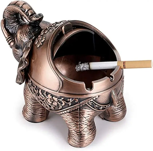 Vintage bronze decorbites elephant shaped windproof ashtray with intricate floral scrollwork for office decor