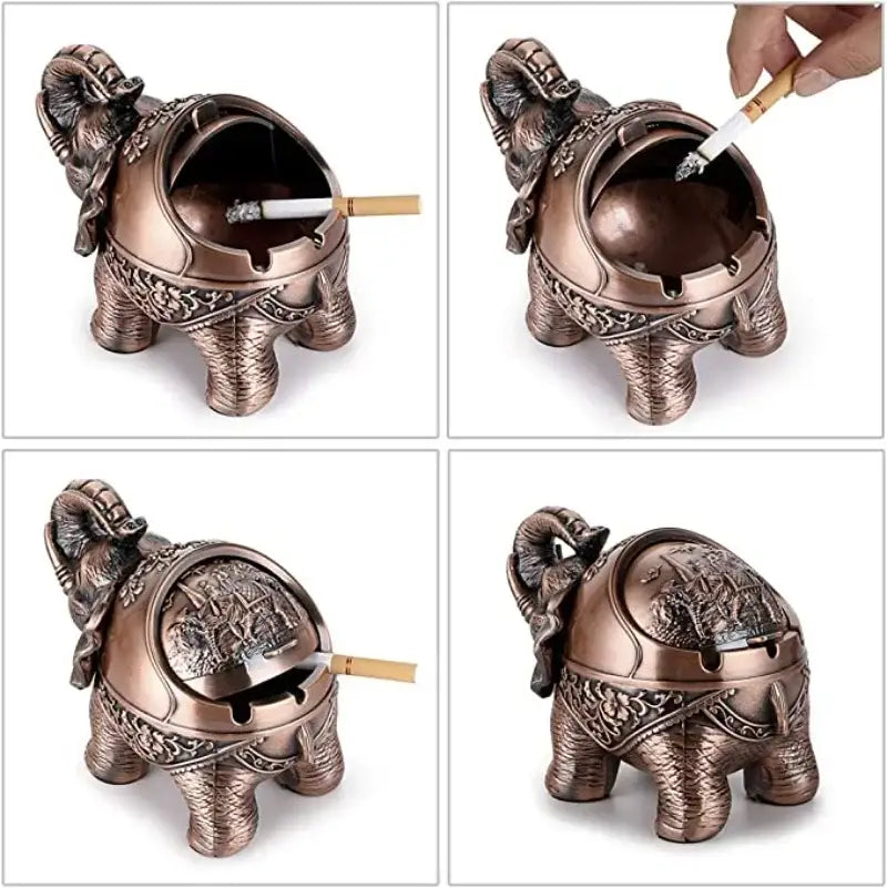 Vintage bronze elephant shaped windproof ashtray with intricate engravings and hinged lid for office decor by decorbites