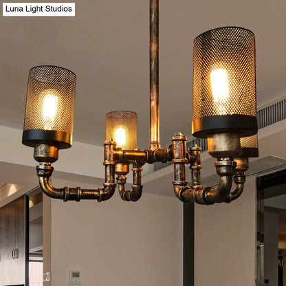 Vintage Bronze Finish Iron Cylinder Chandelier Pendant Light with Mesh Screen - Set of 4 Bulbs