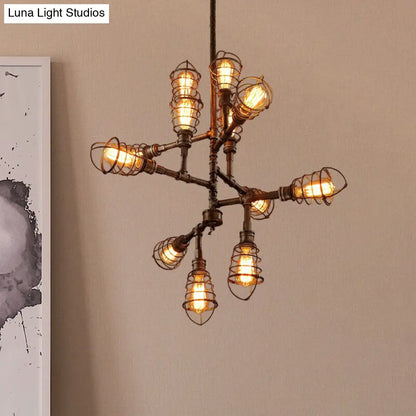 Lámpara de araña vintage con jaula de hierro y bronce - 8/12 cabezales, elegante diseño de alambre, perfecta para el comedor