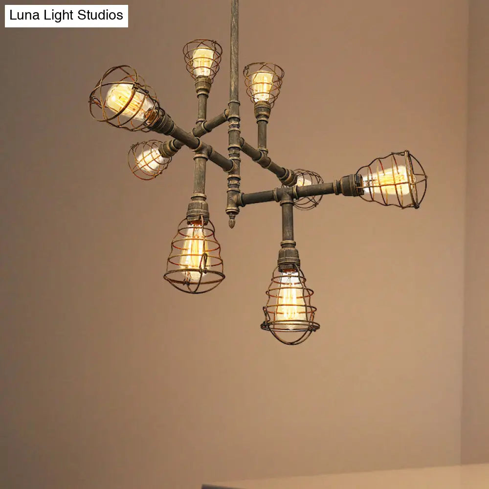 Lámpara de araña vintage con jaula de hierro y bronce - 8/12 cabezales, elegante diseño de alambre, perfecta para el comedor