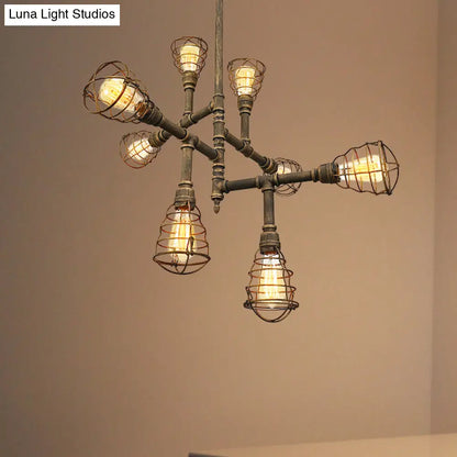 Lámpara de araña vintage con jaula de hierro y bronce - 8/12 cabezales, elegante diseño de alambre, perfecta para el comedor