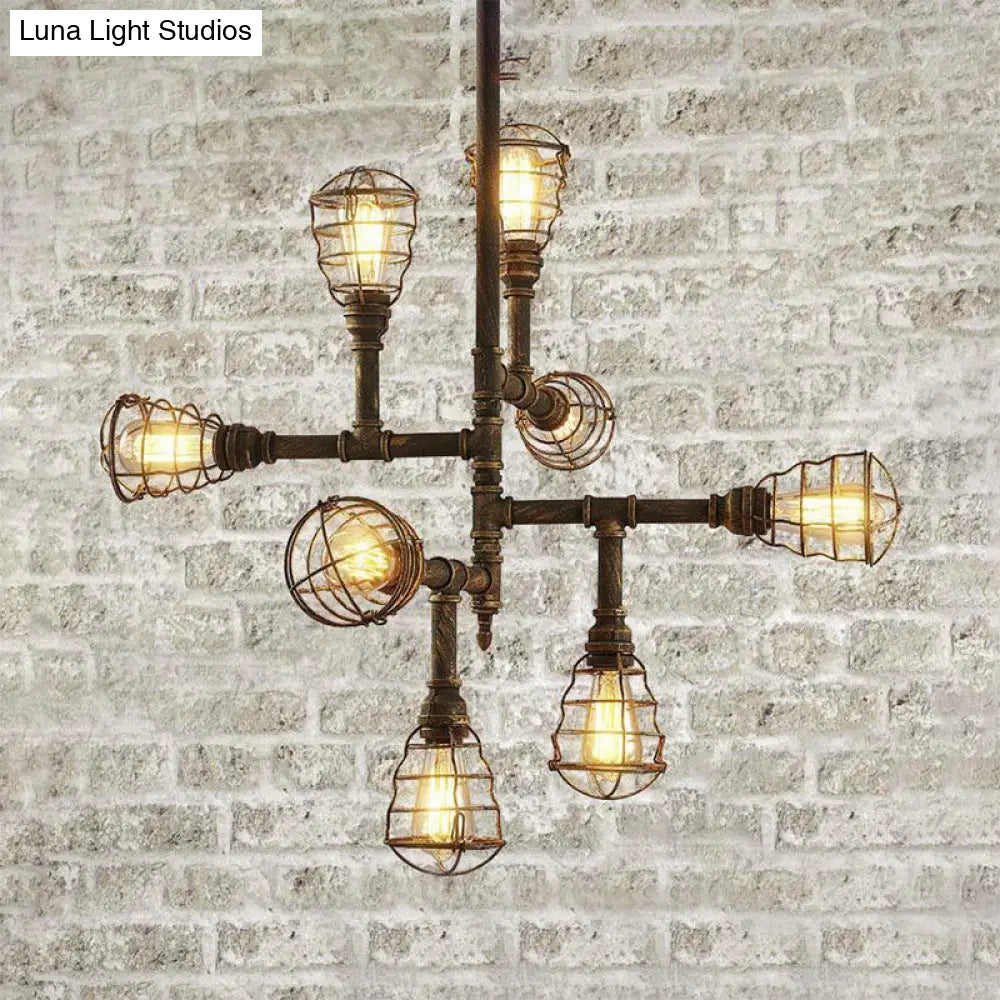 Lámpara de araña vintage con jaula de hierro y bronce - 8/12 cabezales, elegante diseño de alambre, perfecta para el comedor