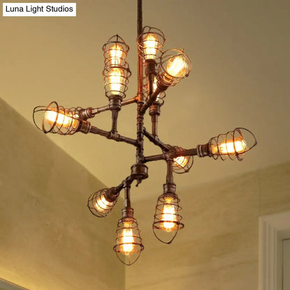 Lámpara de araña vintage con jaula de hierro y bronce - 8/12 cabezales, elegante diseño de alambre, perfecta para el comedor