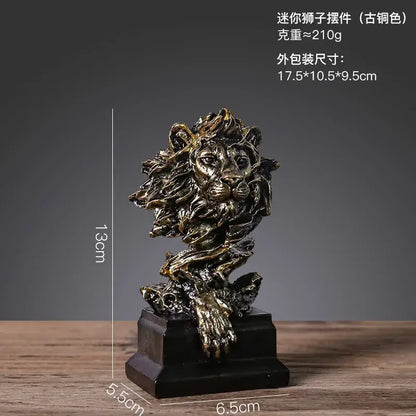 Antique bronze-colored lion head resin statue with intricate mane details and sturdy black base for living room decorbites decor