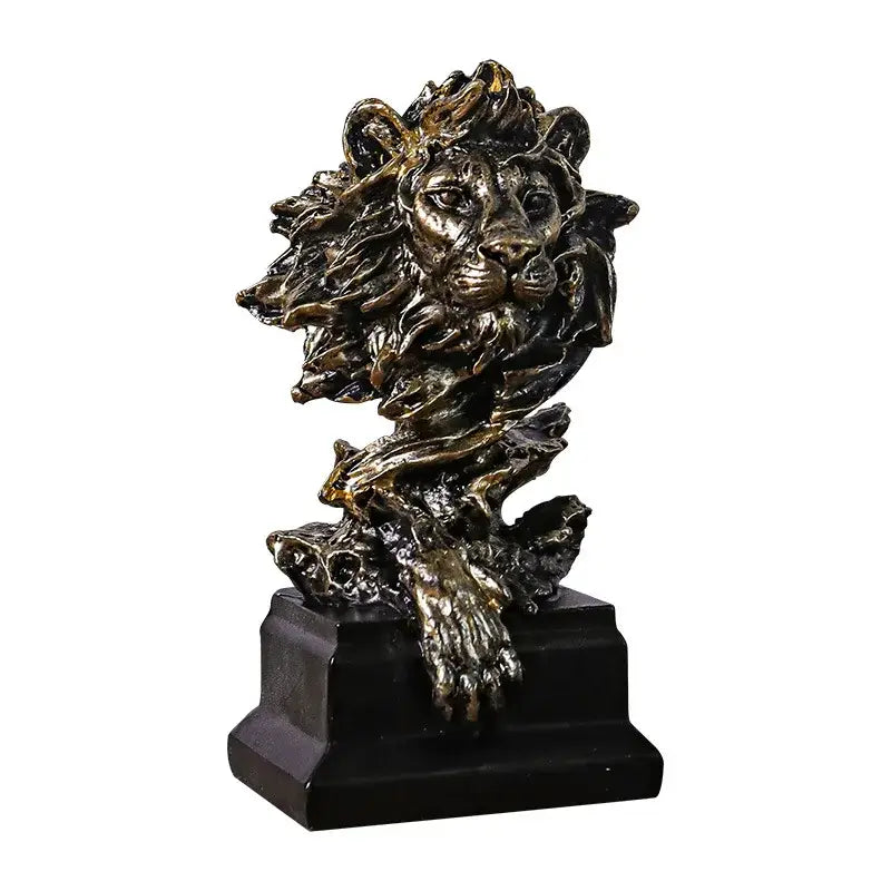 Bronze lion head resin statue with detailed mane and paw on black base for living room decorbites lion head decor