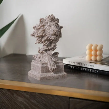 Gray stone lion head resin statue with detailed mane and paw on square base for living room decorbites lion head decor
