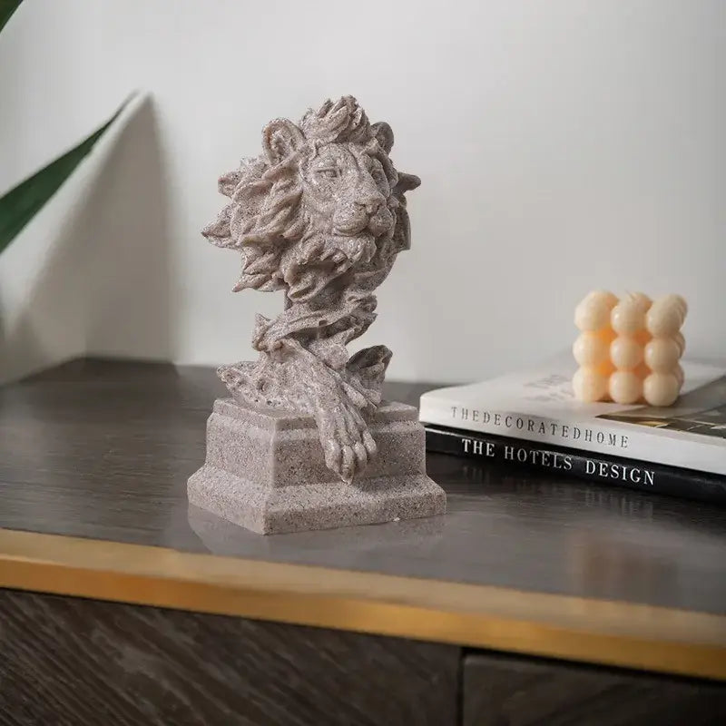 Gray stone lion head resin statue with detailed mane and paw on square base for living room decorbites lion head decor