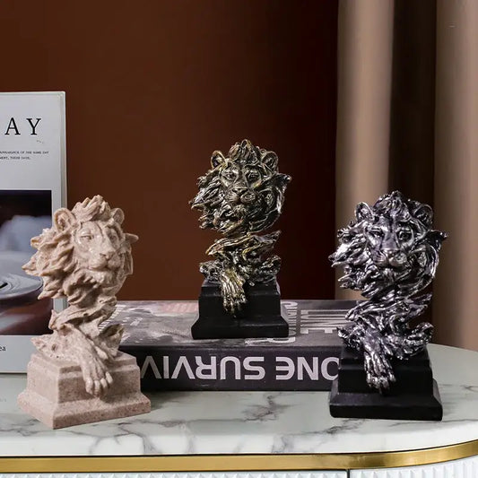 Vintage bronze lion head resin statue set with textured manes on black base for living room decorbites lion head decor