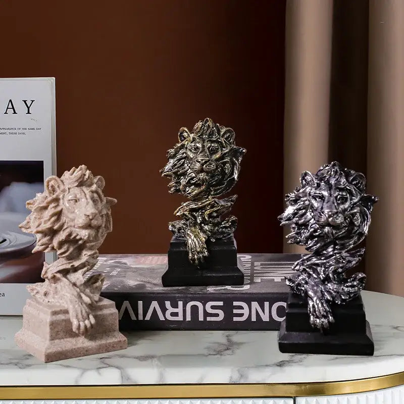 Vintage bronze lion head resin statue set with textured manes on black base for living room decorbites lion head decor