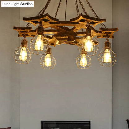 Vintage Bronze Metal Globe Chandelier - 6 Bulbs, Hanging Ceiling Fixture with Cage