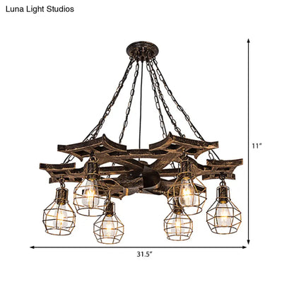 Vintage Bronze Metal Globe Chandelier - 6 Bulbs, Hanging Ceiling Fixture with Cage