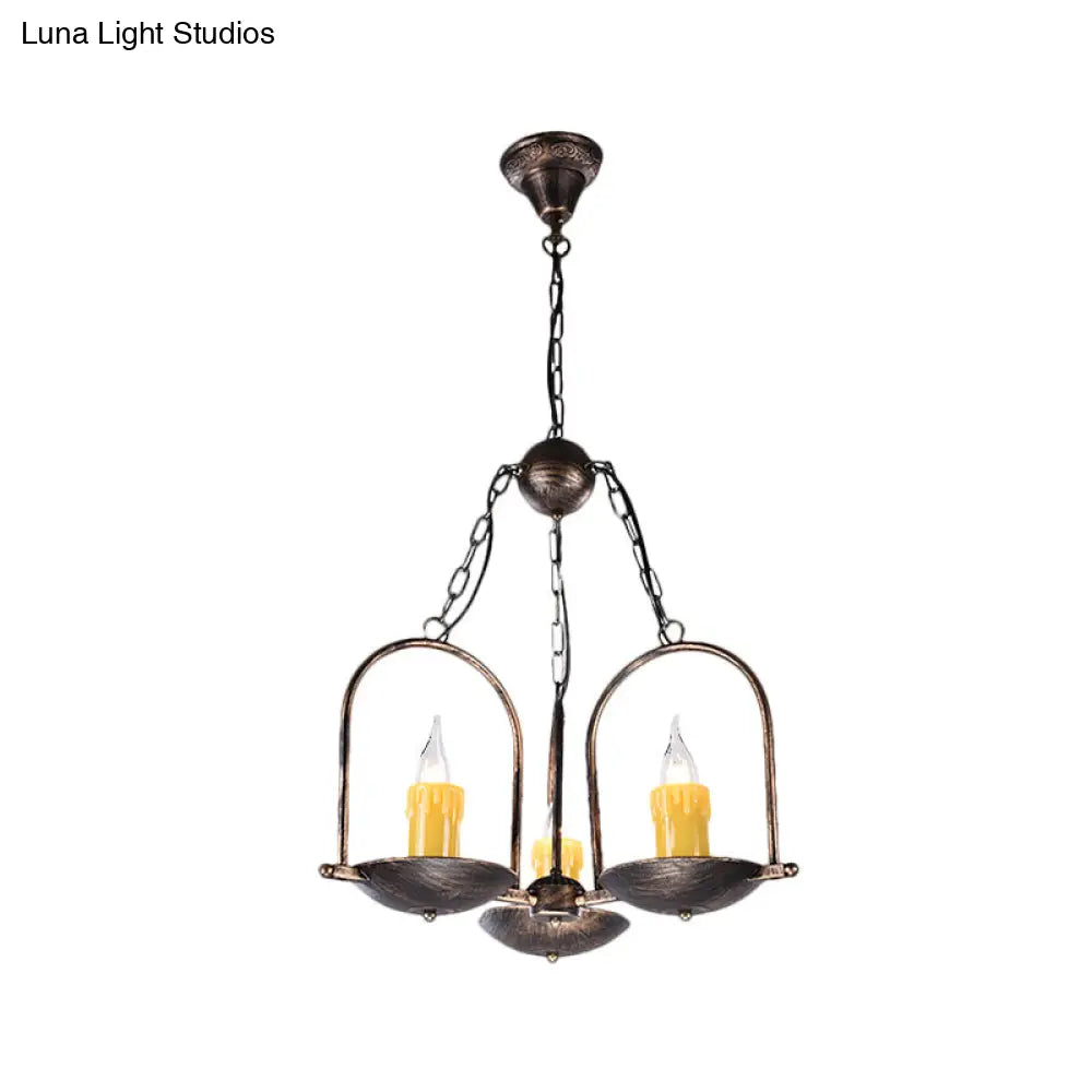 Vintage Bronze Metal Pendant Chandelier - Three-Light Candle Fixture for Dining Room Ceiling